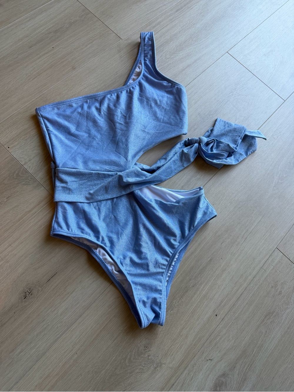 Blue sparkly One-Shoulder Light Swimsuit with Waist Tie